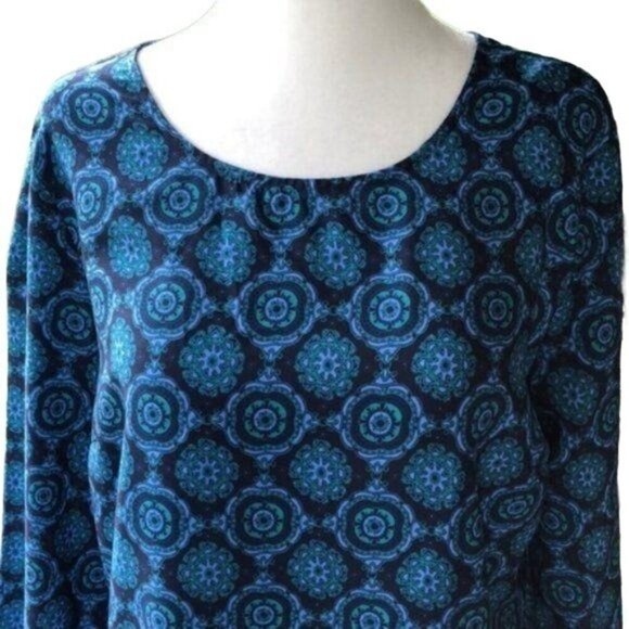 Loft Navy Blue Green Medallion Blouse, 3/4-Sleeves Keyhole Back Women's Size S - Picture 2 of 7